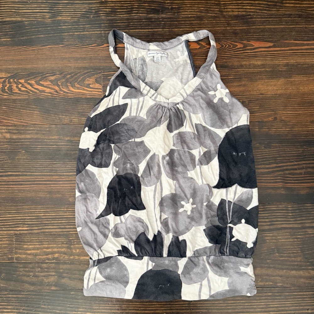 American Eagle Outfitters Monochrome Floral Racerback Tank - Black & White